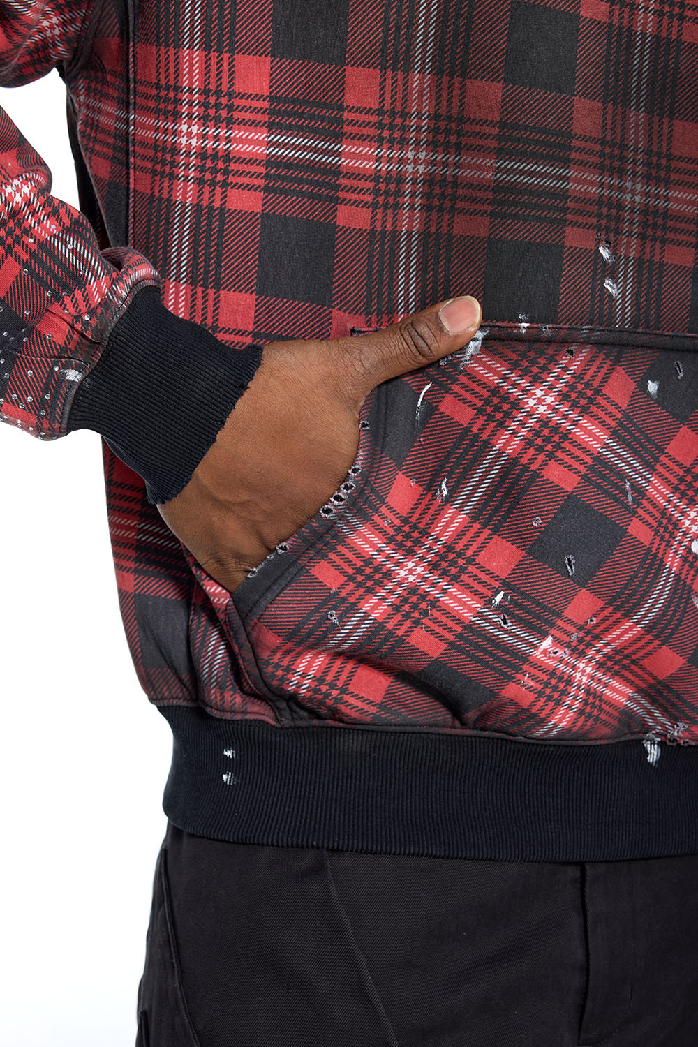 Custom Men's Red Black Plaid LANWO Yacht Club Hoodie - Vintage Distressed Sweatshirt