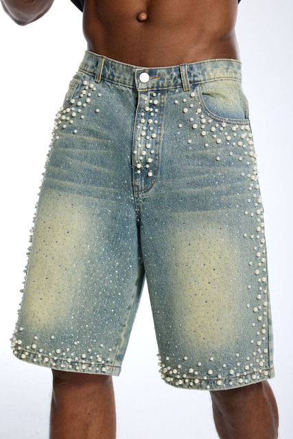 Custom Oversized Pearl Beaded Denim Shorts - High Street Rhinestone Embellished Baggy Jean Shorts