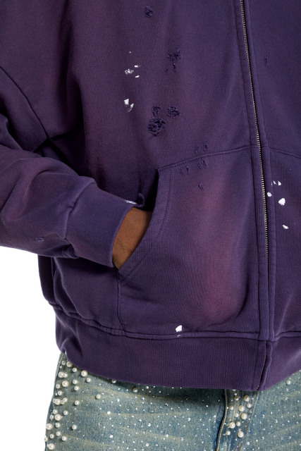 Custom Men's Purple Distressed Zip-Up Hoodie - Oversized Paint Splatter Streetwear Jacket