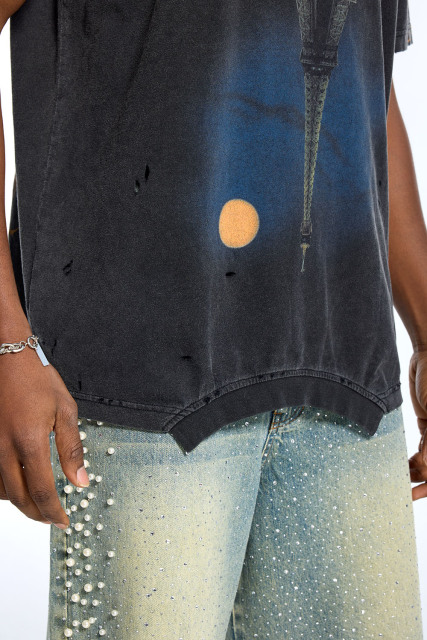 Custom Men's Black Eiffel Tower Graphic T-Shirt - LANWO Distressed Streetwear Tee