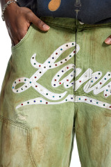 Wholesale Custom Green Denim Shorts - OEM LANWO Rhinestone Embellished Baggy Shorts