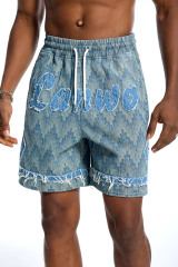 Custom Men's Blue Geometric Jacquard Denim Shorts with LANWO Fringed Applique - Streetwear Casual Shorts
