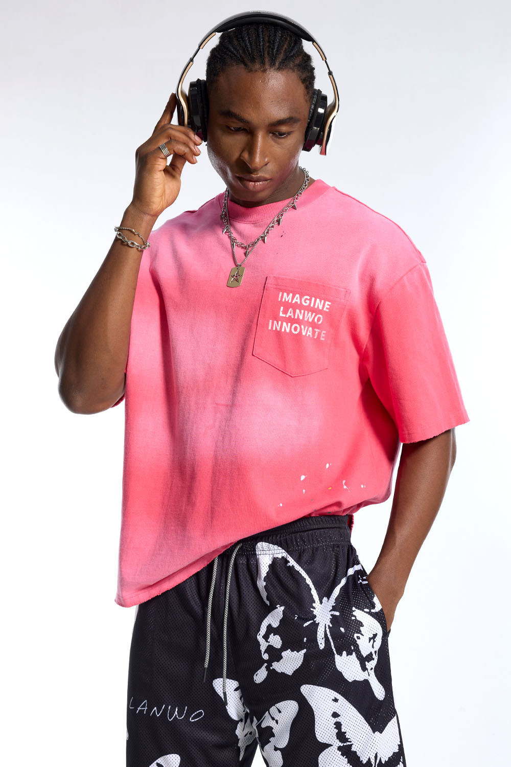Custom Oversized Pink Gradient Washed T-Shirt with Paint Splatter - High Street Casual Top
