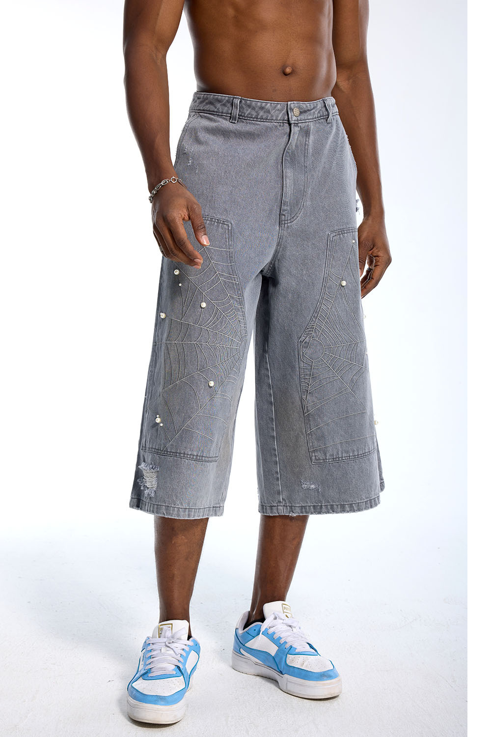 Custom Oversized Grey Washed Denim Shorts - Distressed Spider Web & Pearl Detail Baggy Shorts