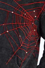 Custom Men's Black Washed Hoodie - Red Spider Web Embroidery & Pearl Embellished Streetwear Pullover