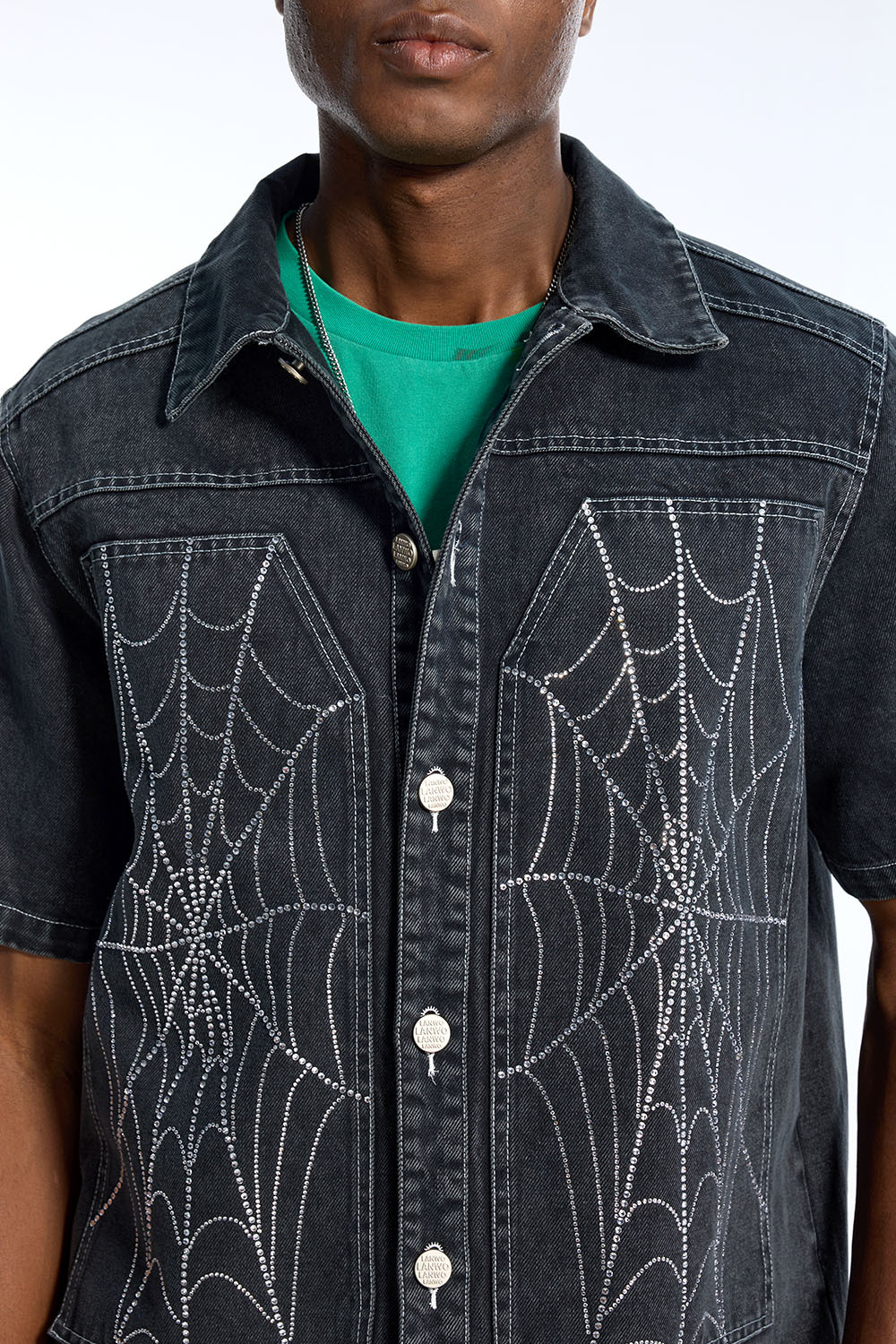 Custom Men's Black Denim Short Sleeve Shirt - Rhinestone Spider Web Embellished Streetwear Top