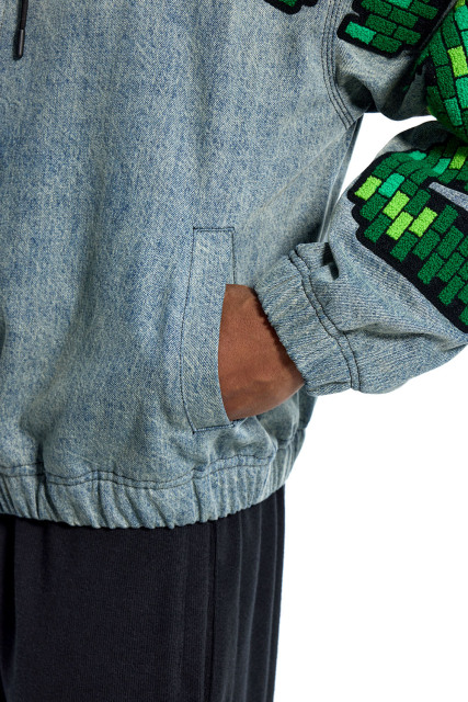 Custom Men's Denim Zip-Up Hoodie Pixelated Chenille Lettering Streetwear Jacket