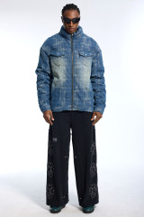 Custom Men's Gradient Denim Puffer Jacket - High Street Quilted Streetwear Winter Coat