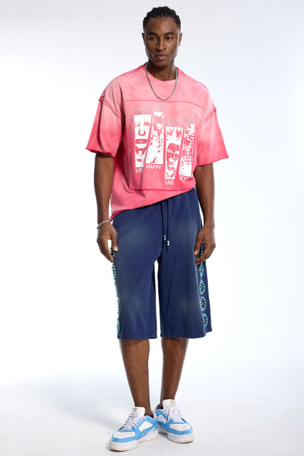 Custom Oversized Pink Gradient Washed Tee - "Happy Sad Lucky" Print High Street Casual Top