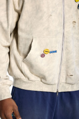 Custom Oversized Washed Beige Hoodie - Butterfly Patch & Distressed Rips High Street Zip-Up
