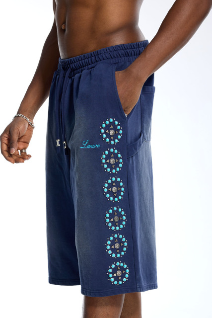 Custom Oversized Washed Navy Shorts - Turquoise Cross Stud Detail High Street Casual Shorts