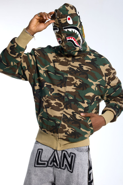 Custom Oversized Camouflage Full Zip Hoodie - Shark Mouth Embroidery High Street Hooded Jacket