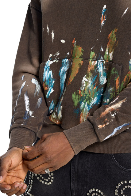 Custom Men's Brown Wash Hoodie Paint Splatter Print Streetwear Hoodie