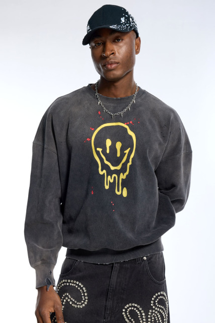 Custom Men's Black Wash Sweatshirt - Drippy Smiley Print & Distressed Detail Streetwear Top