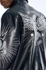 Custom Oversized Black Leather Biker Jacket - Rhinestone "LW" Graphic High Street Coat