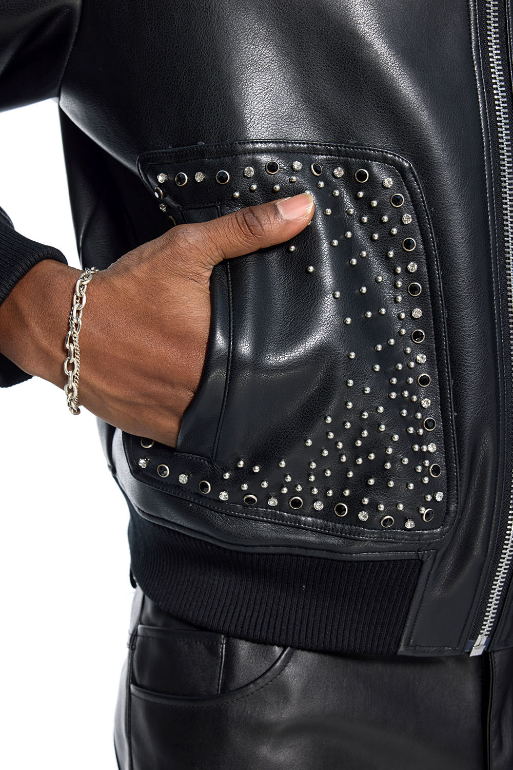 Custom Men's Black Faux Leather Jacket - Studded Collar & Pocket Streetwear Bomber