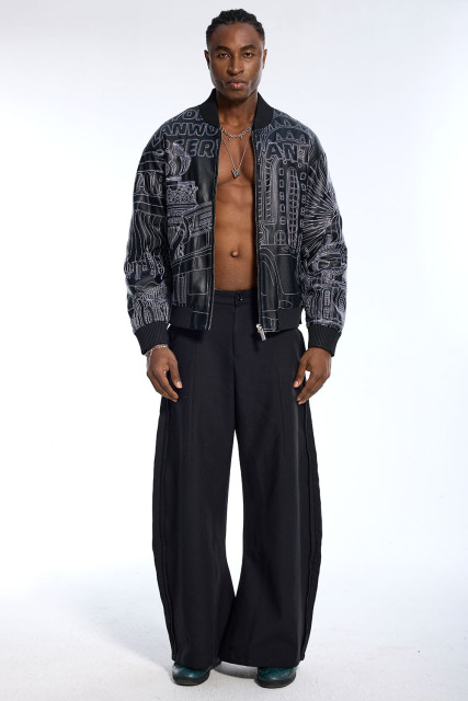 Custom Oversized Black Leather Bomber Jacket - White Stitch Building Graphic High Street Coat