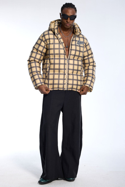 Custom Oversized Plaid Puffer Jacket - Beige & Black Check High Street Puffer Coat