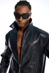 Custom Oversized Black Leather Jacket - Crackle Texture & Collar Embroidery High Street Coat