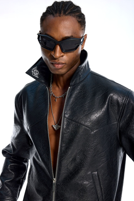 Custom Oversized Black Leather Jacket - Crackle Texture & Collar Embroidery High Street Coat