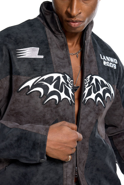 Custom Oversized Dark Grey Jacket - Bat Embroidery & Lightning Bolt Patch High Street Coat