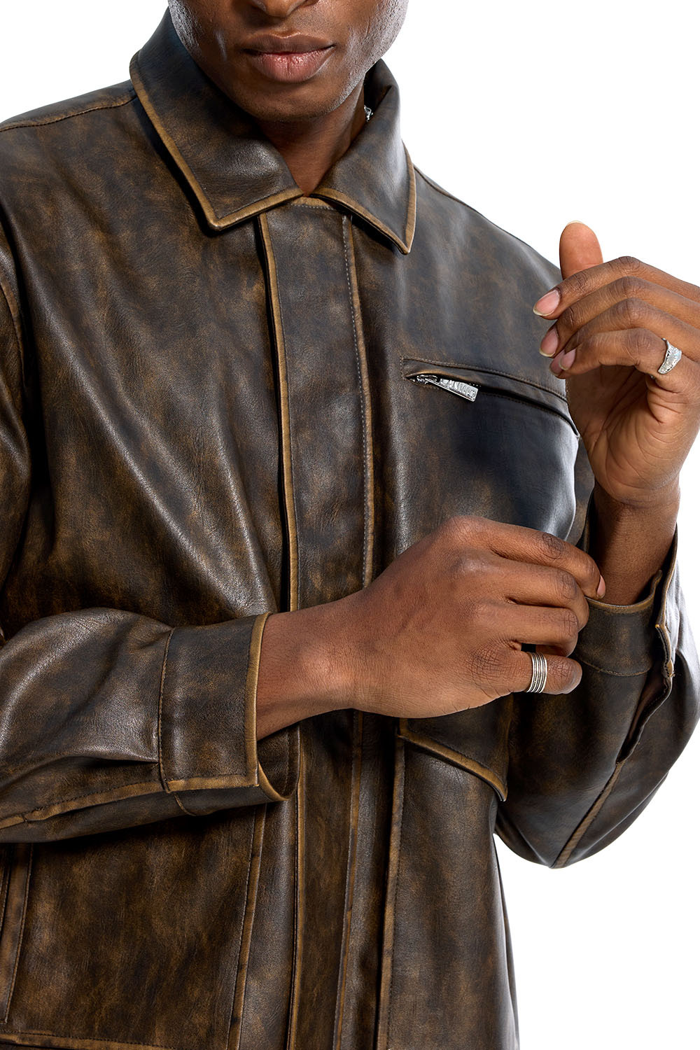 Custom Oversized Brown Leather Jacket - Vintage Wash & Utility Pocket Detail High Street Coat