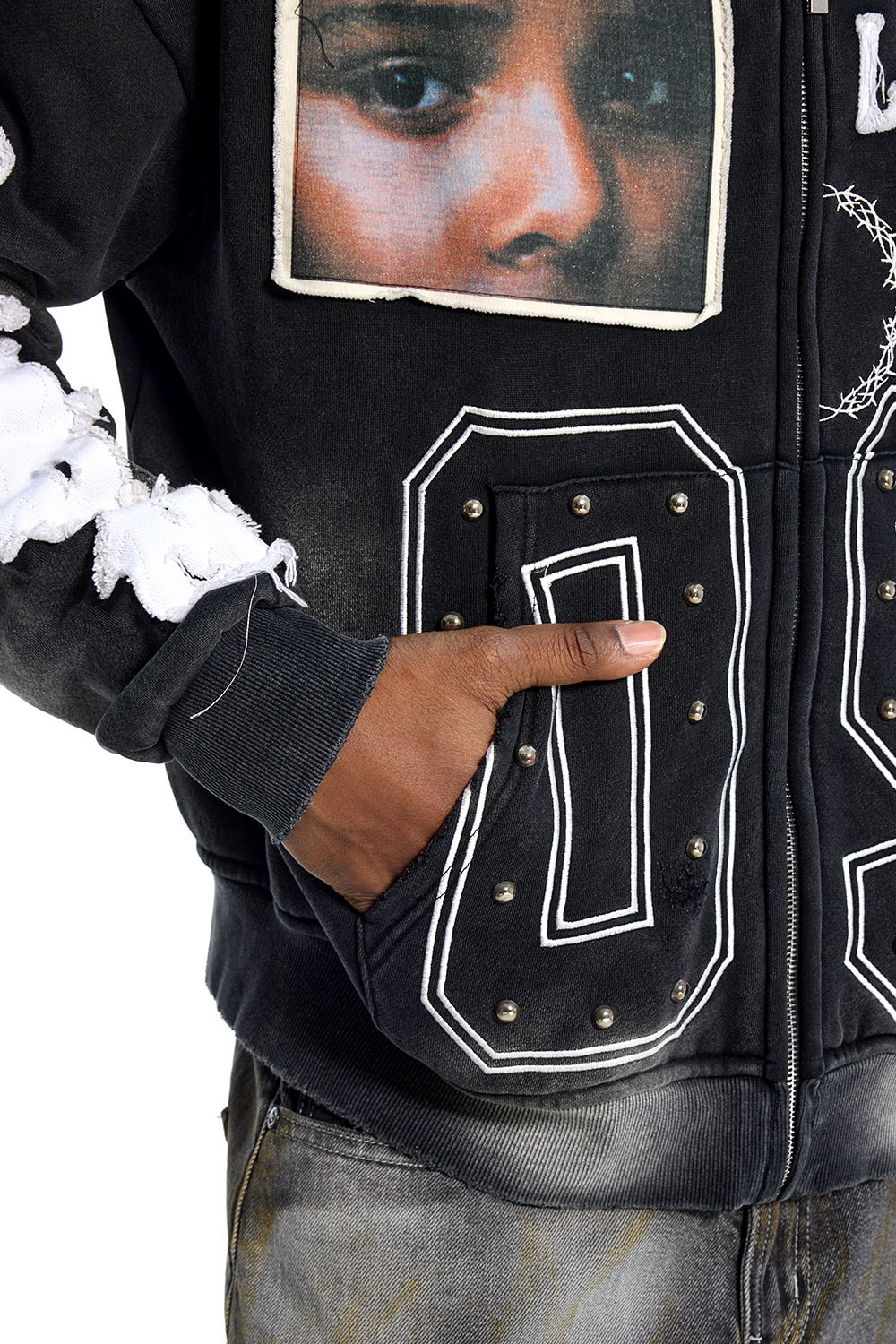 Custom Oversized Black Wash Hoodie - Face Patch & Distressed Sleeve Detail High Street Sweatshirt