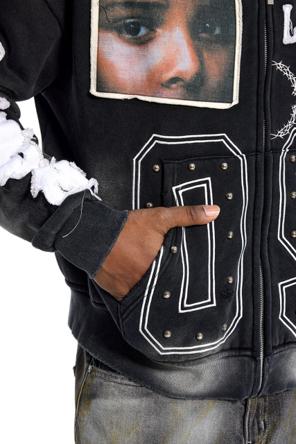 Custom Oversized Black Wash Hoodie - Face Patch & Distressed Sleeve Detail High Street Sweatshirt