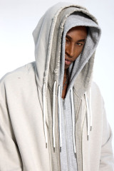Custom Oversized Beige & Grey Hoodie - Distressed Hem & Double Hood Detail High Street Sweatshirt
