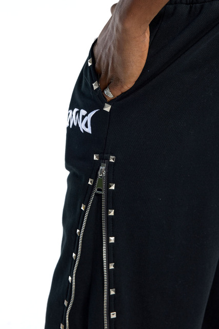 Custom Oversized Black Track Pants - Zipper & Stud Detail High Street Trousers