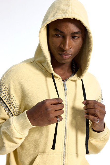 Custom Oversized Yellow Hoodie - Rhinestone Shoulder Detail High Street Sweatshirt