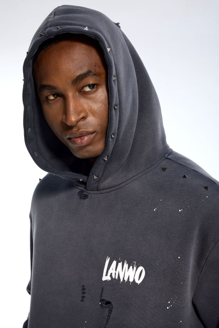 Custom Oversized Dark Grey Hoodie - Studded Detail & Paint Splatter High Street Sweatshirt