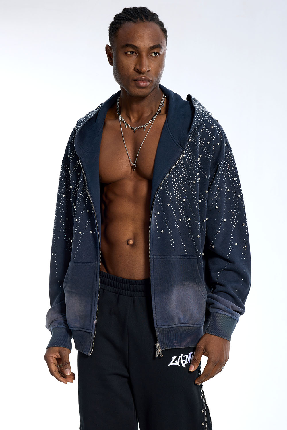 Custom Oversized Navy Wash Hoodie - Rhinestone Drip Detail High Street Sweatshirt