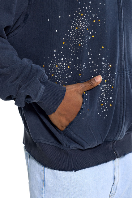 Custom Streetwear Distressed Hoodie - Star Rhinestone Embellished & Raw Edge Casual Jacket