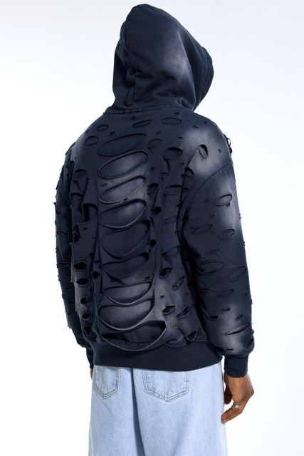 Custom Streetwear Destroyed Hoodie - Gradient Wash & Cut-Out Holes Casual Pullover