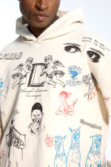 Custom Oversized Cream Hoodie - Multi-Graphic & Raw Edge Detail High Street Sweatshirt