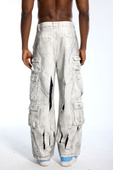 Custom Oversized White Cargo Pants - Multi-Pocket & Distressed Hole Detail High Street Trousers