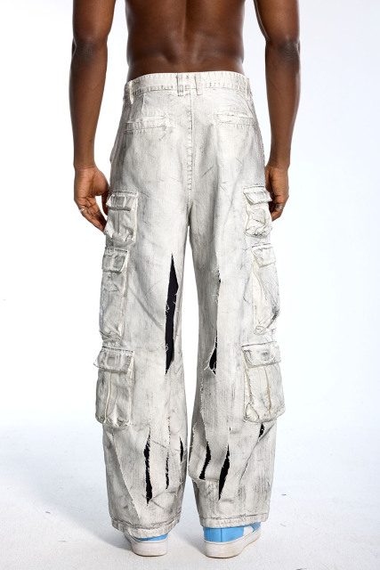 Custom Oversized White Cargo Pants - Multi-Pocket & Distressed Hole Detail High Street Trousers