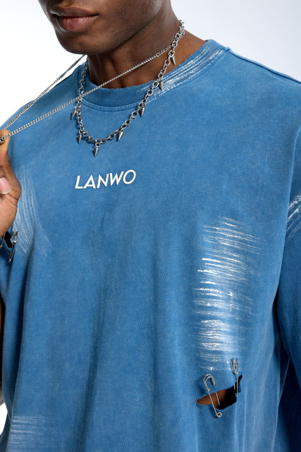Custom Vintage Blue Washed T-Shirt - Safety Pin Embellished & Oversized Fit