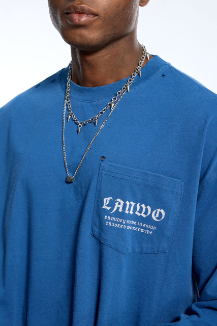 Custom Oversized Blue Long Sleeve T-Shirt - Distressed Hole Detail High Street Top