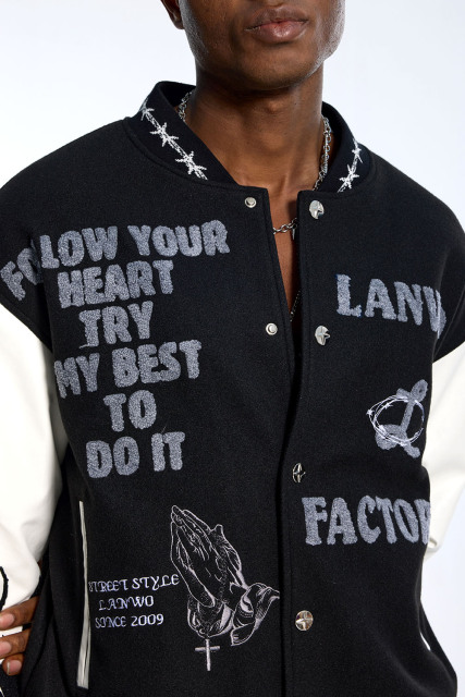 Custom Oversized Black Varsity Jacket - Leather Sleeve & Chenille Patch Detail High Street Coat