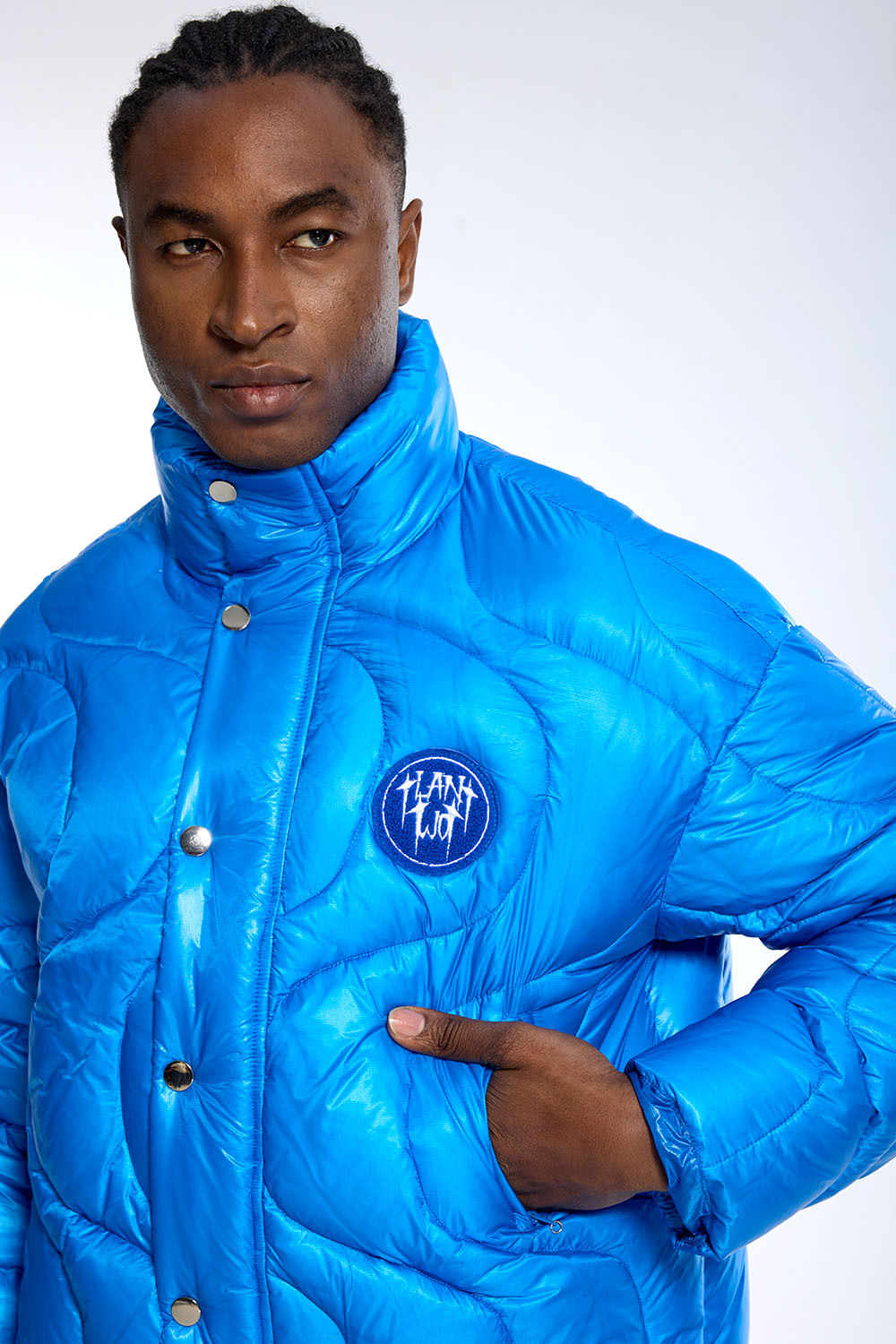 Custom Vintage Blue Puffer Jacket - Boxy Fit & Hidden Pocket Detail