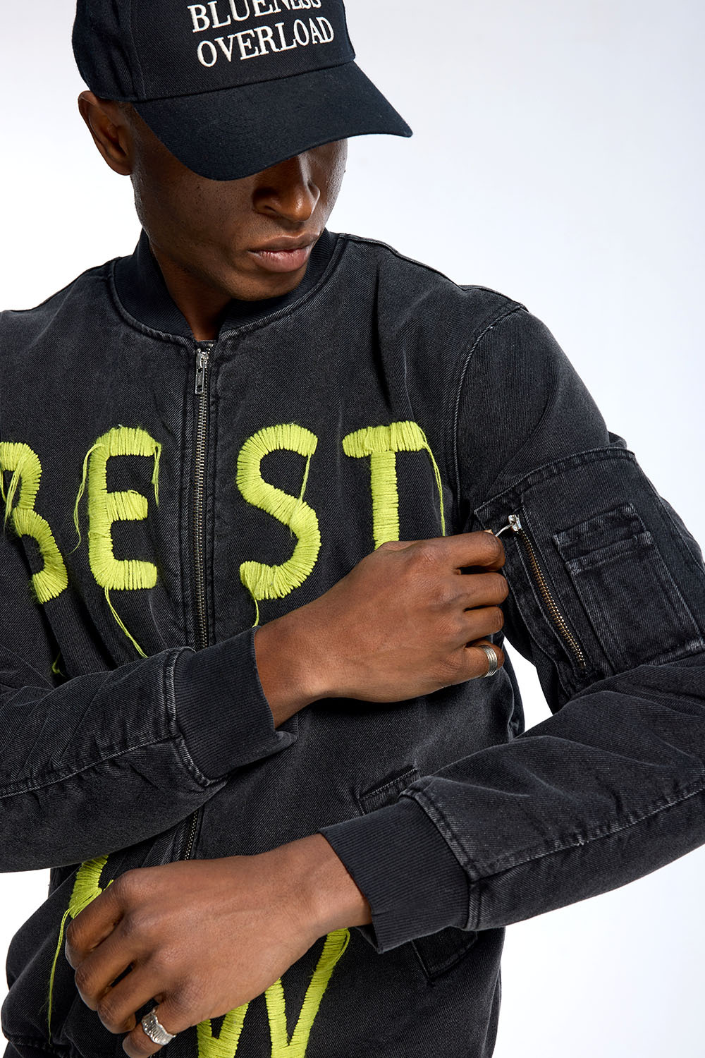 Custom Oversized Black Denim Bomber - Fringed Letter Embroidery High Street Coat