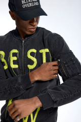 Custom Oversized Black Denim Bomber - Fringed Letter Embroidery High Street Coat