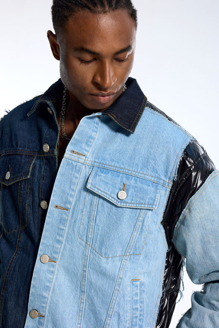 Custom Vintage Denim Jacket - Two-Tone Wash & Puffer Sleeve Detail Streetwear Coat
