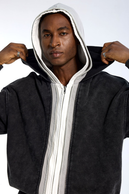 Custom Vintage Black Washed Hoodie - Oversized Fit & Contrast Trim Streetwear Jacket
