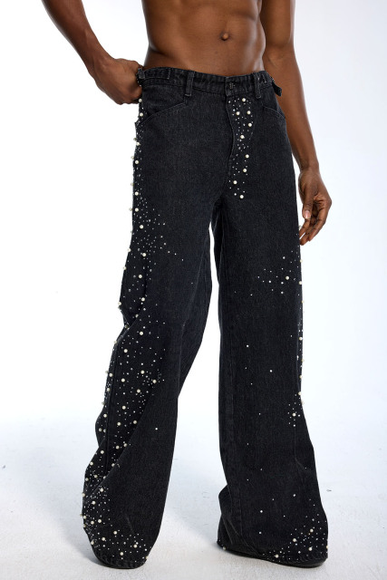 Custom Vintage Black Washed Jeans - Flare Leg & Pearl Rhinestone Accent Streetwear Pants