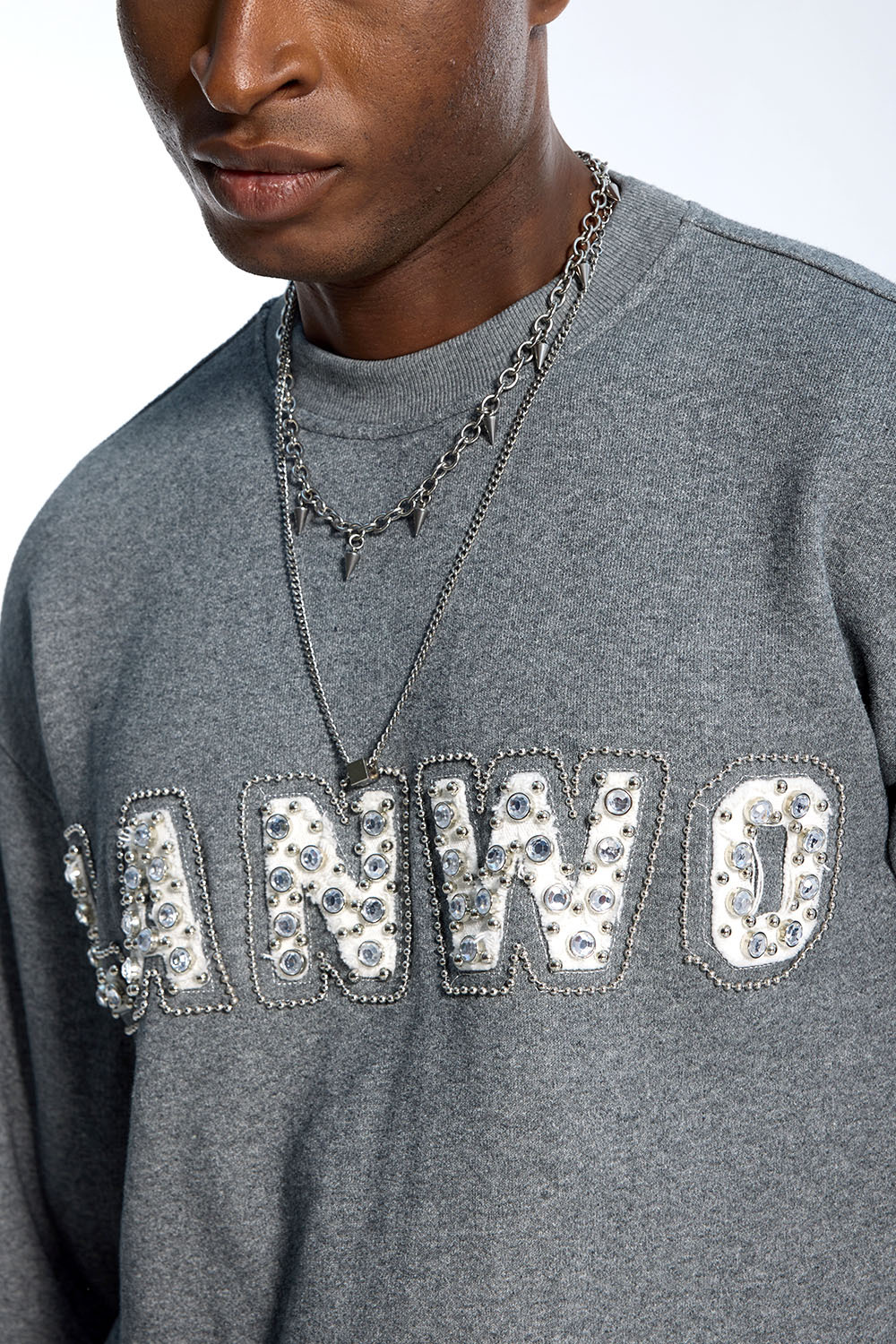 Custom Oversized Grey Sweatshirt - Rhinestone & Pearl Letter Detail High Street Sweatshirt