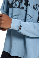 Custom Oversized Light Blue Long Sleeve - Distressed Hole & Graphic Detail High Street Top