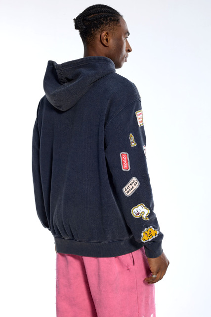 Custom Oversized Navy Hoodie - Vintage Wash & Cartoon Patch Detail High Street Sweatshirt